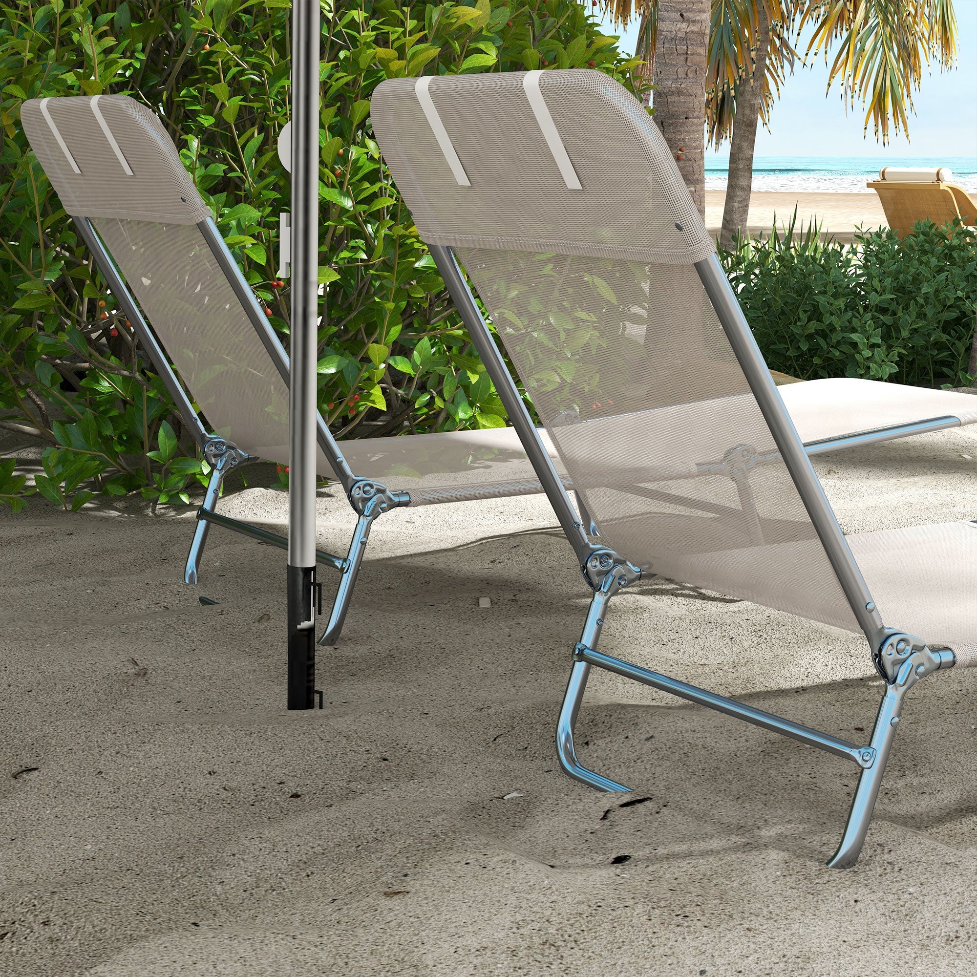 Outsunny Set of 2 Folding Chaise Lounge Chairs, Outdoor Poolside Sun Tanning Chairs w/ Pillow, Reclining Backrest, Cream White
