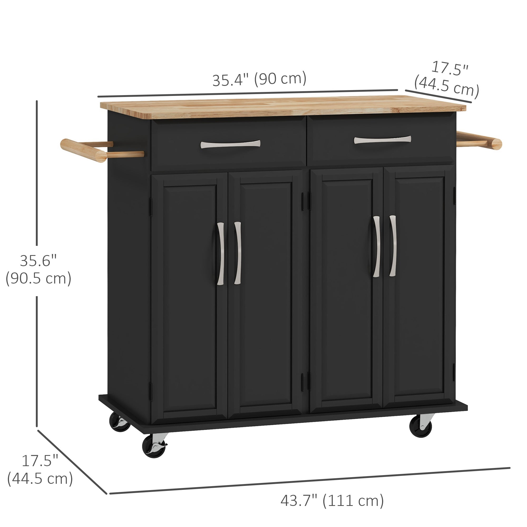 HOMCOM Kitchen Island on Wheels Rubberwood Top Rolling Cart 2 Drawers 4 Doors Adjustable Shelves Mobile Storage Furniture
