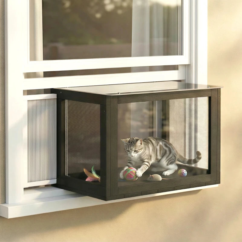 Catio Outdoor Cat Enclosure Adjustable Cat House Waterproof Top for Window 24" x18.5" x16.1" Black & White