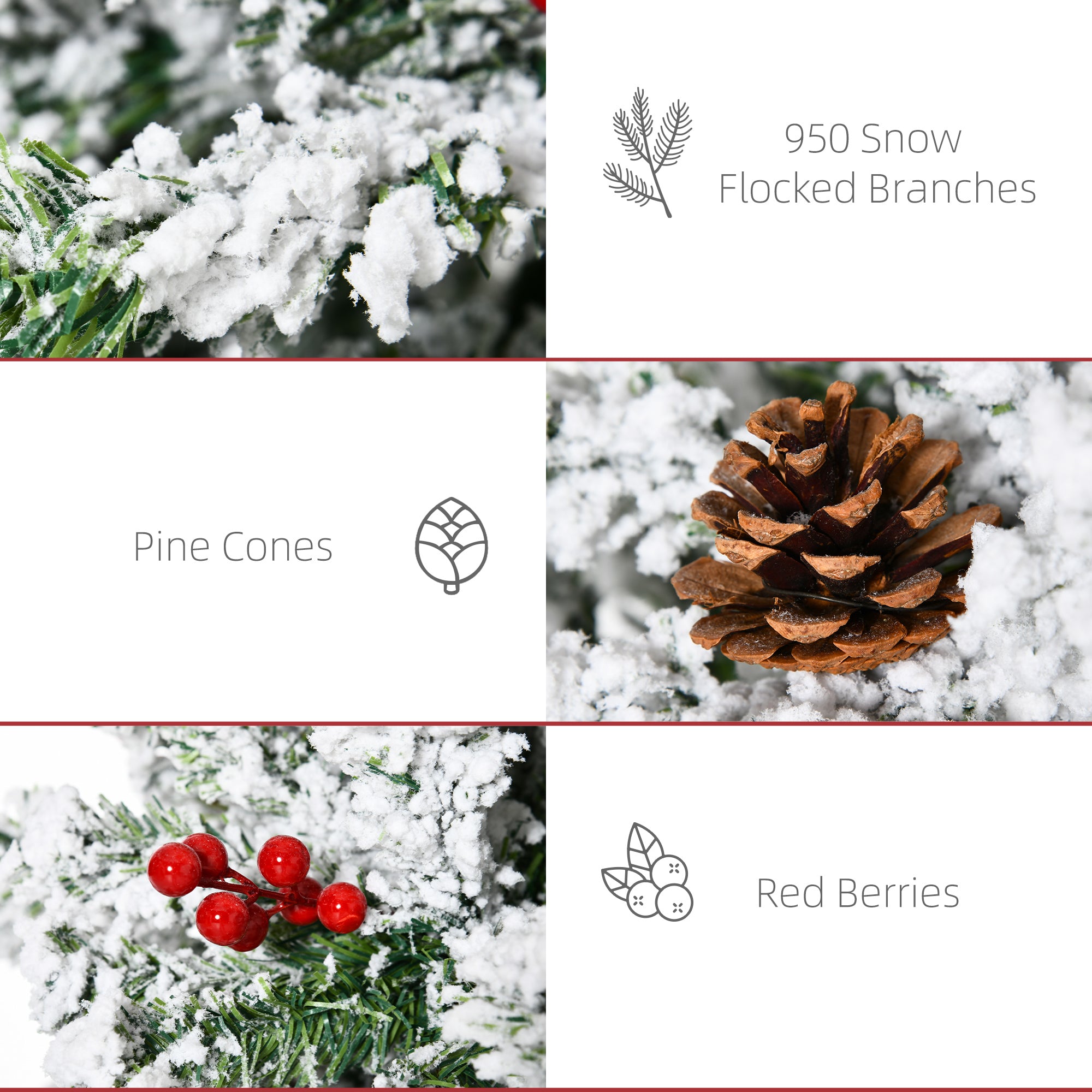 HOMCOM 7.5 Foot Pencil Snow Flocked Artificial Christmas Tree with 950 Pine Realistic Branches, Pine Cones, Red Berries, Auto Open