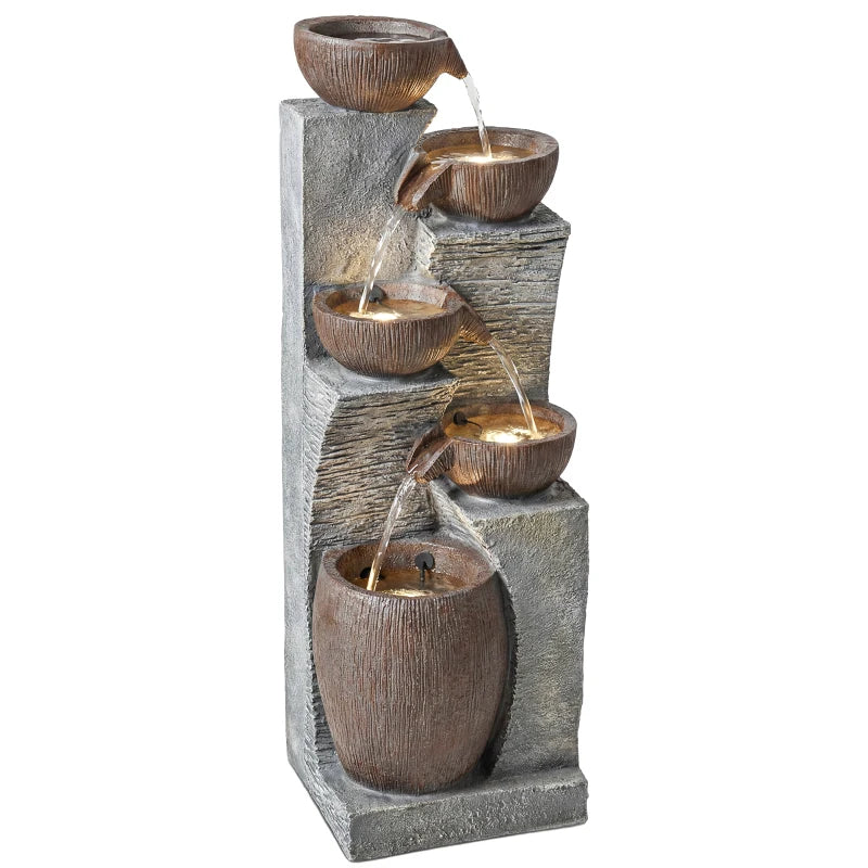 Outdoor Cascading Rock Water Fountain, 5-Tier Waterfall Feature with LED Lights, Adjustable Flow, Grey and Rustic Brown