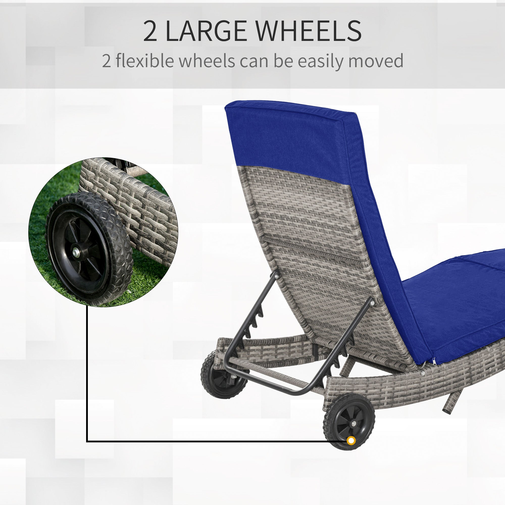 Outsunny Adjustable Wicker Chaise Lounge Chair Outdoor with Cushion Wheels for Patio Deck Poolside Dark Blue