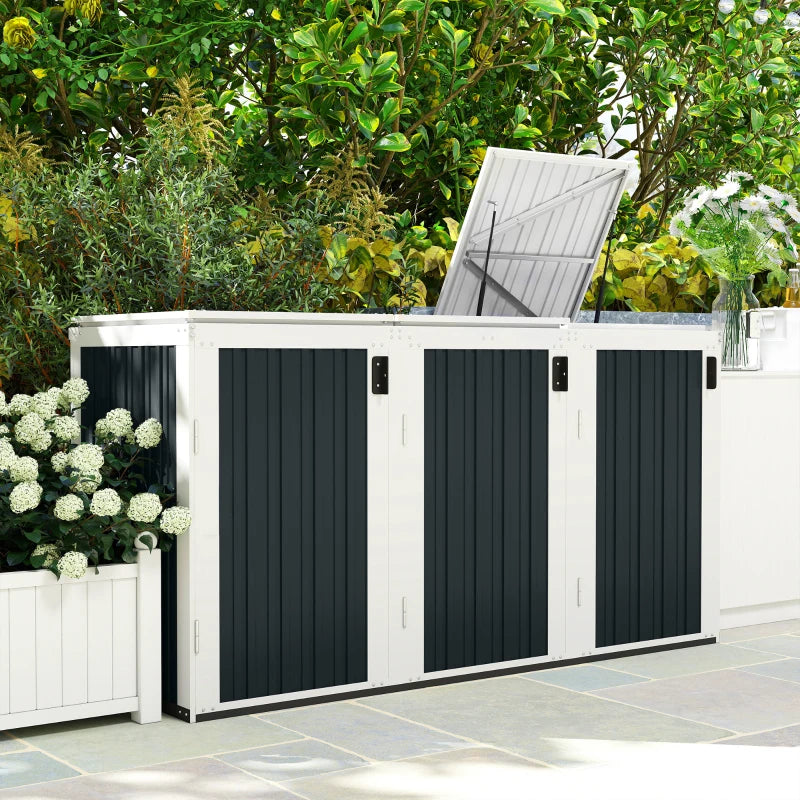 Outdoor Storage Shed Rustproof Garbage Bin Shed with Gas Struts Magnetic Doors for 3 Bins White and Grey