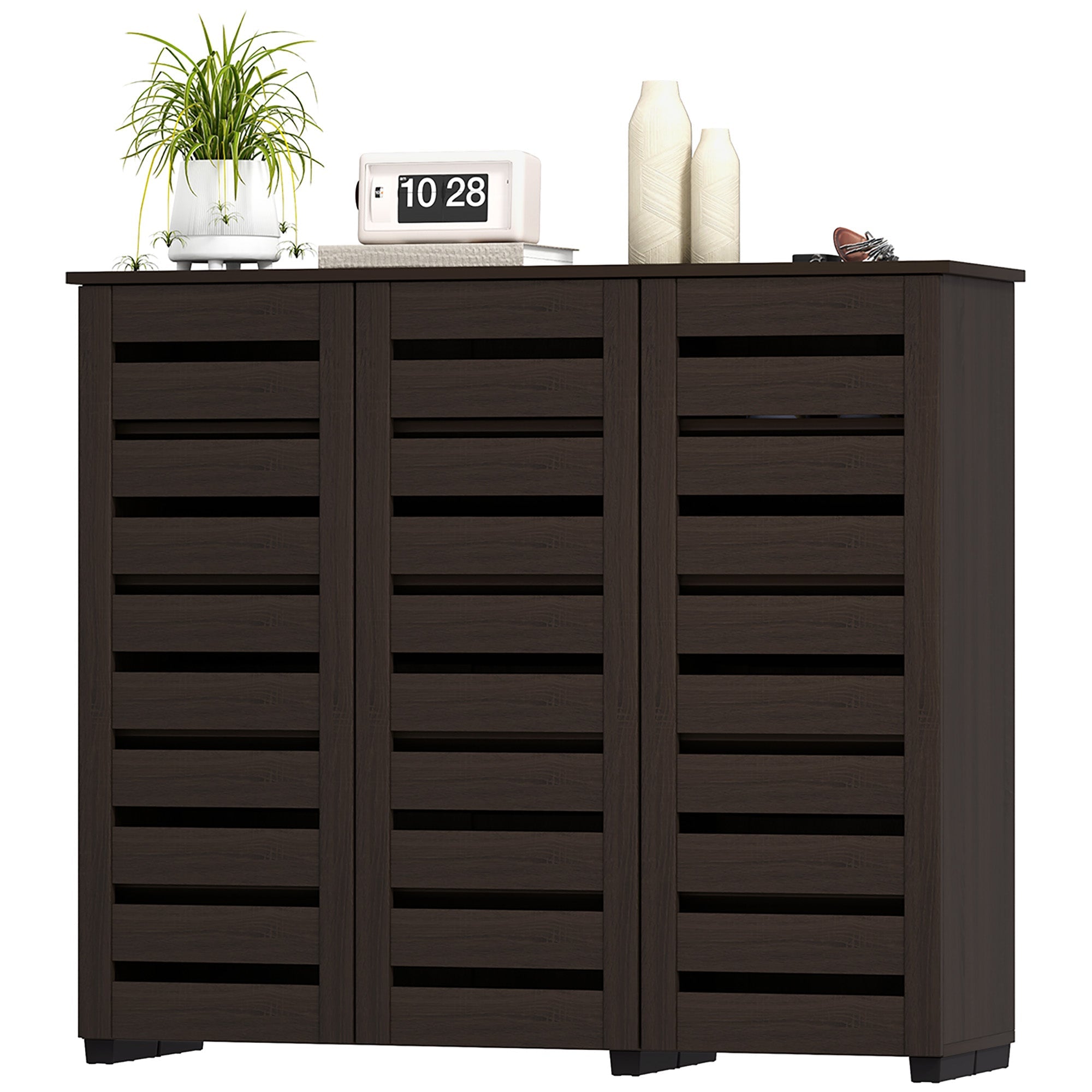 HOMCOM Narrow Shoe Cabinet with Slatted Doors, Adjustable Shelves for 20 Pairs of Shoes, Shoe Cabinet for Entryway, Dark Brown