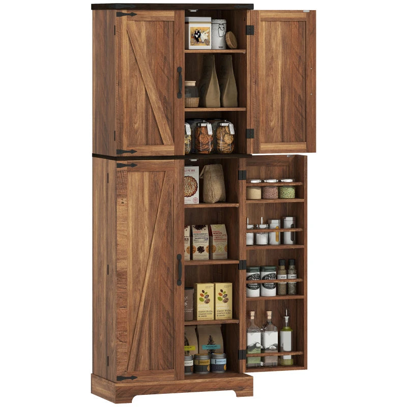 64" Tall Kitchen Pantry Cabinet with Spice Racks and Adjustable Shelves, Brown Wood Grain