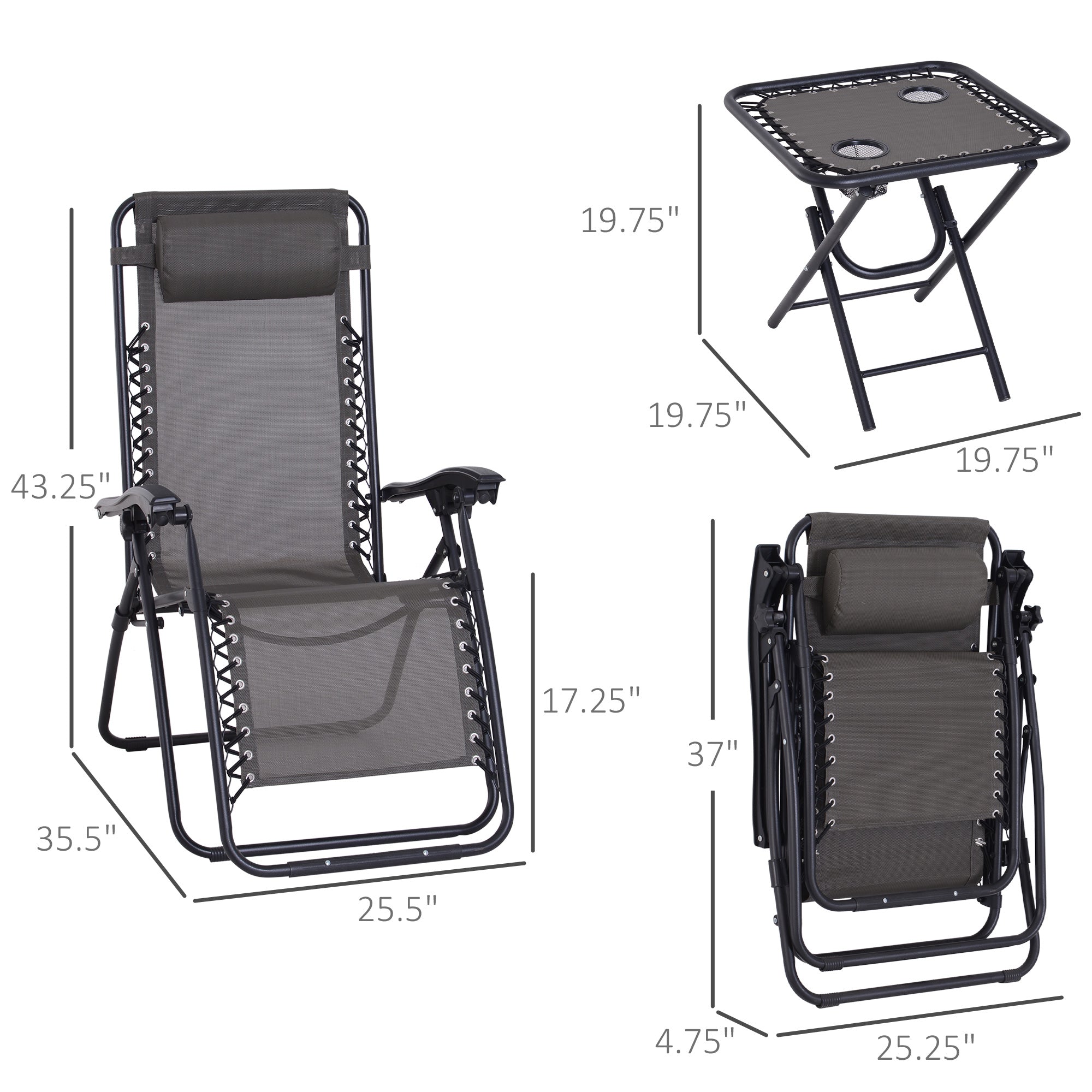Outsunny 3pcs Zero Gravity Lounger Chair Set Patio Chaise Lounge Side Table w Cup Holder Grey