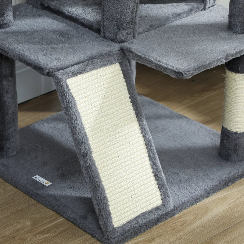 63" Cat Tree, Multi-Level Cat Tower with Scratching Posts, Cat Condos, Bed, Platforms, Ramp, Toy Ball, Dark Grey