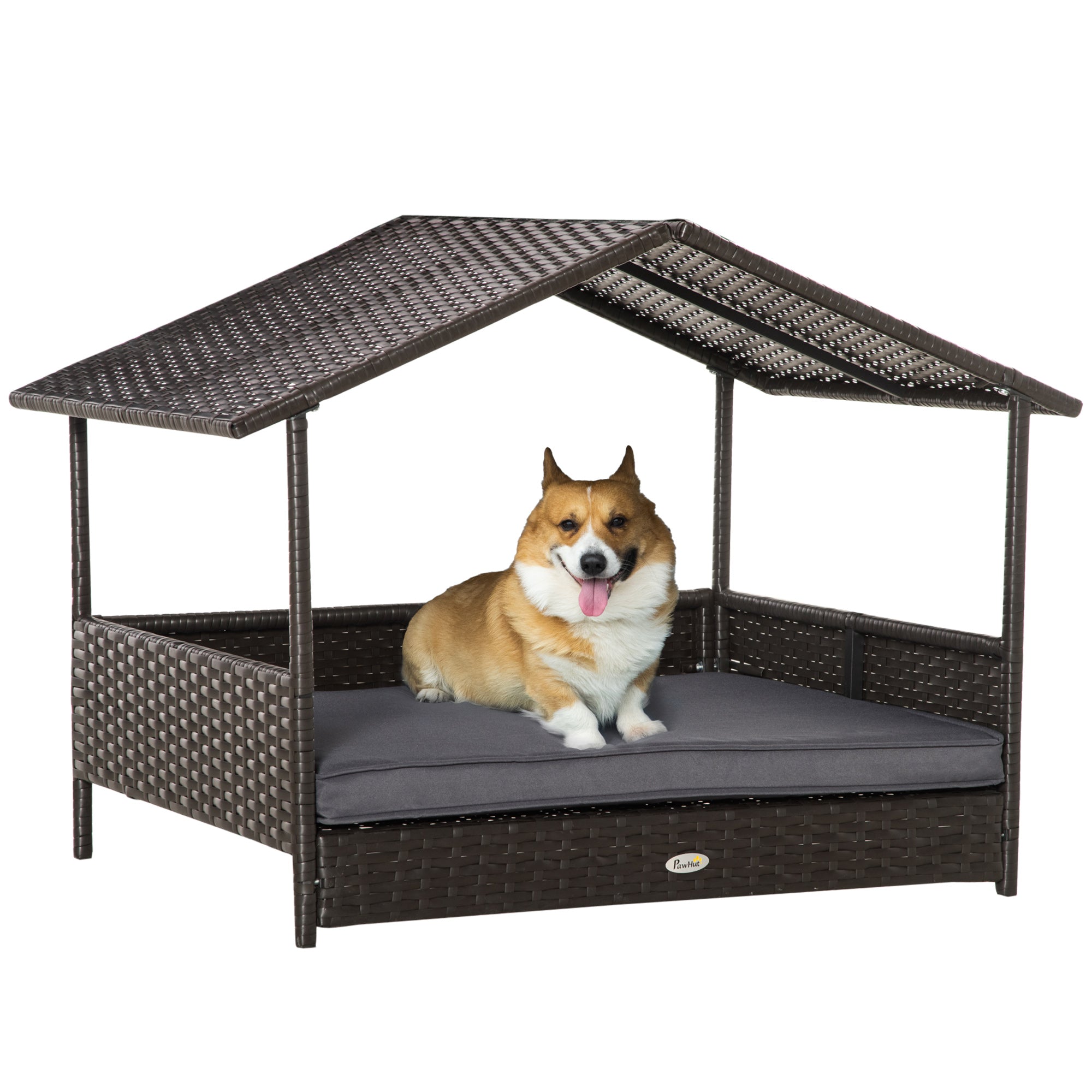 Outsunny PawHut Elevated Rattan Dog Bed Pet Home Indoor Outdoor Wicker Dog Cot Dog House Sofa Bed w/ Padded Cushion Roof Shelter Grey