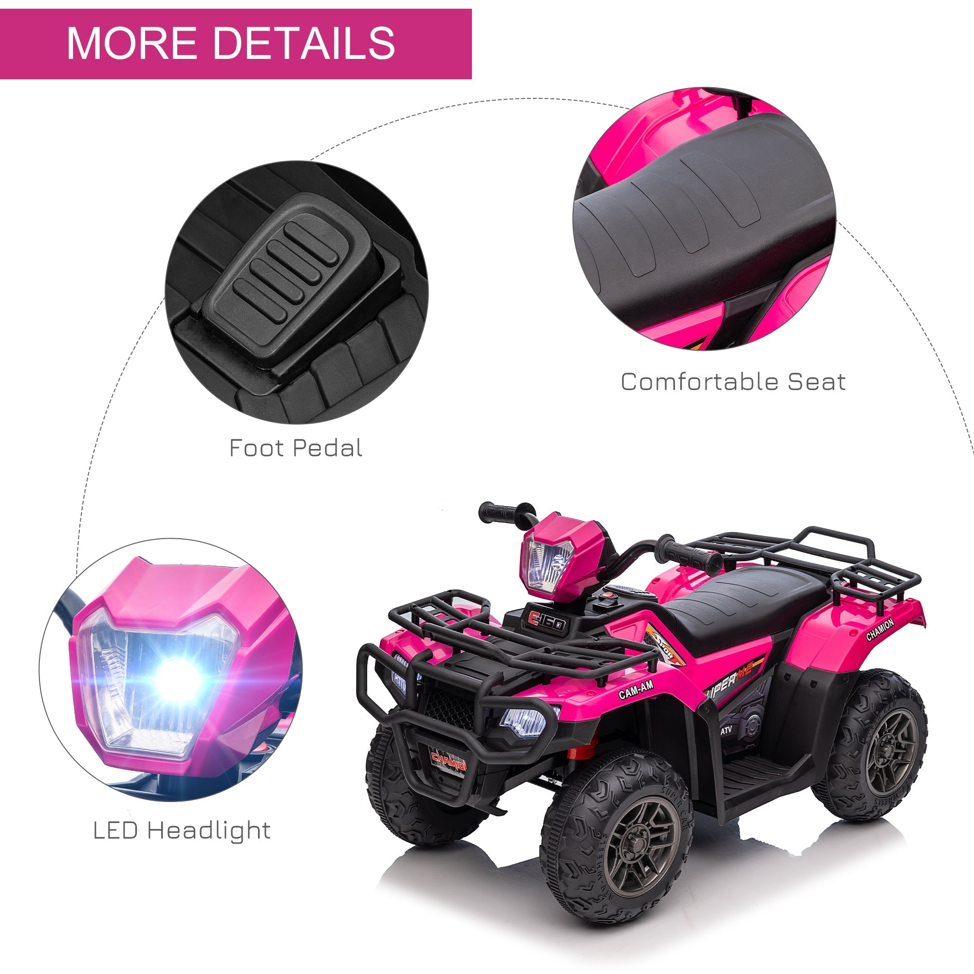 Aosom Kids ATV: 12V, 4 Wheeler Quad, Battery Powered, Music, LED Lights, Treaded Tires, 3-5 Years, Pink