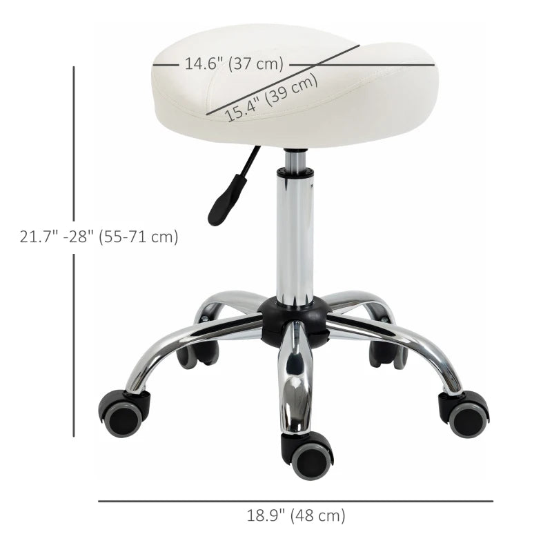 Saddle Stool, Height Adjustable Rolling Salon Chair with PU Leather for Massage, Spa, Clinic, Beauty and Tattoo, White
