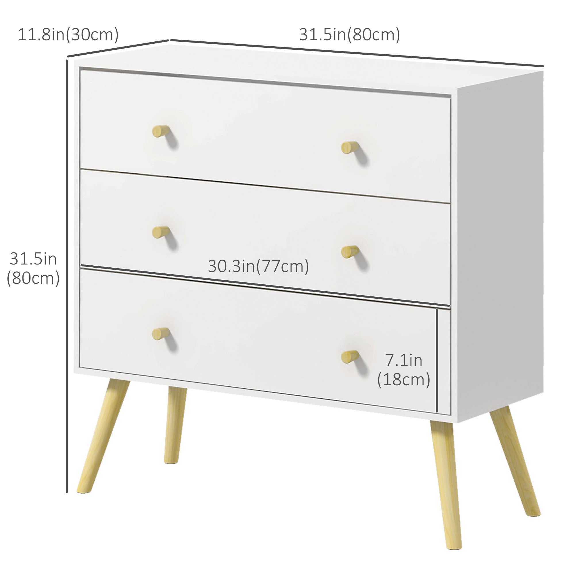 HOMCOM Elegant 3 Drawer Dresser Chest of Drawers with Wood Legs Handles for Living Room White