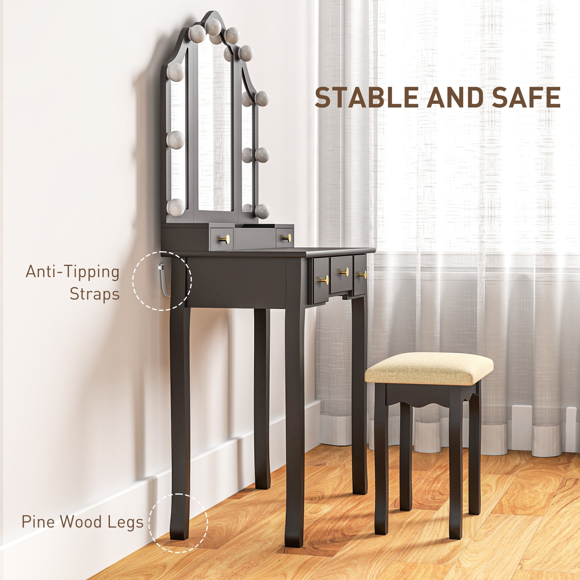 HOMCOM Makeup Vanity Desk with Mirror and Stool, Vanity Set with 10 LED Lights, 5 Drawers and 3 Compartments, Black