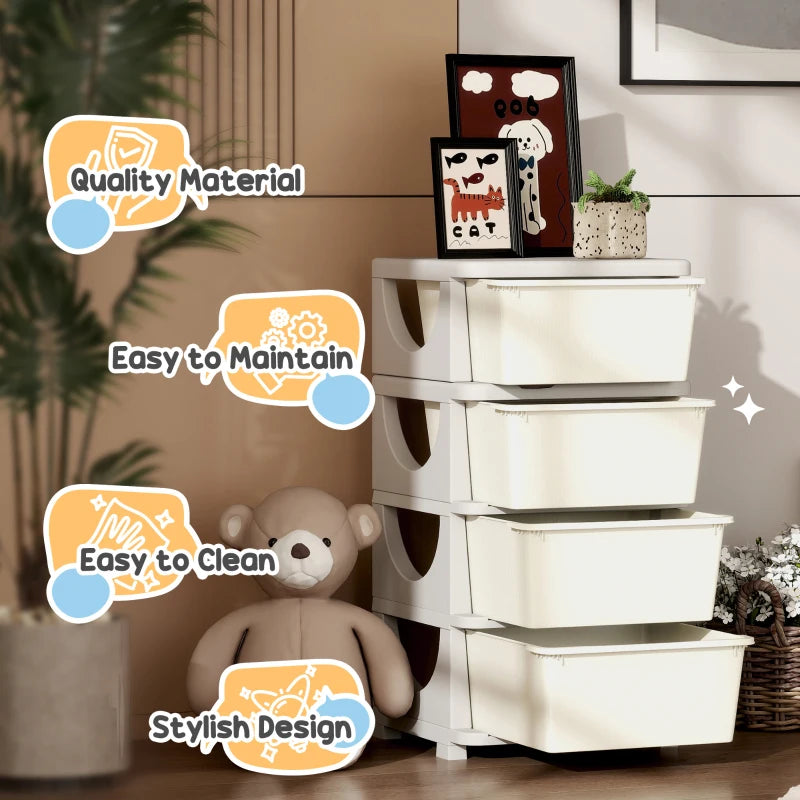 Qaba 4 Tier Kids Toy Organizer and Storage Bins with 4 Plastic Drawers, Cream White