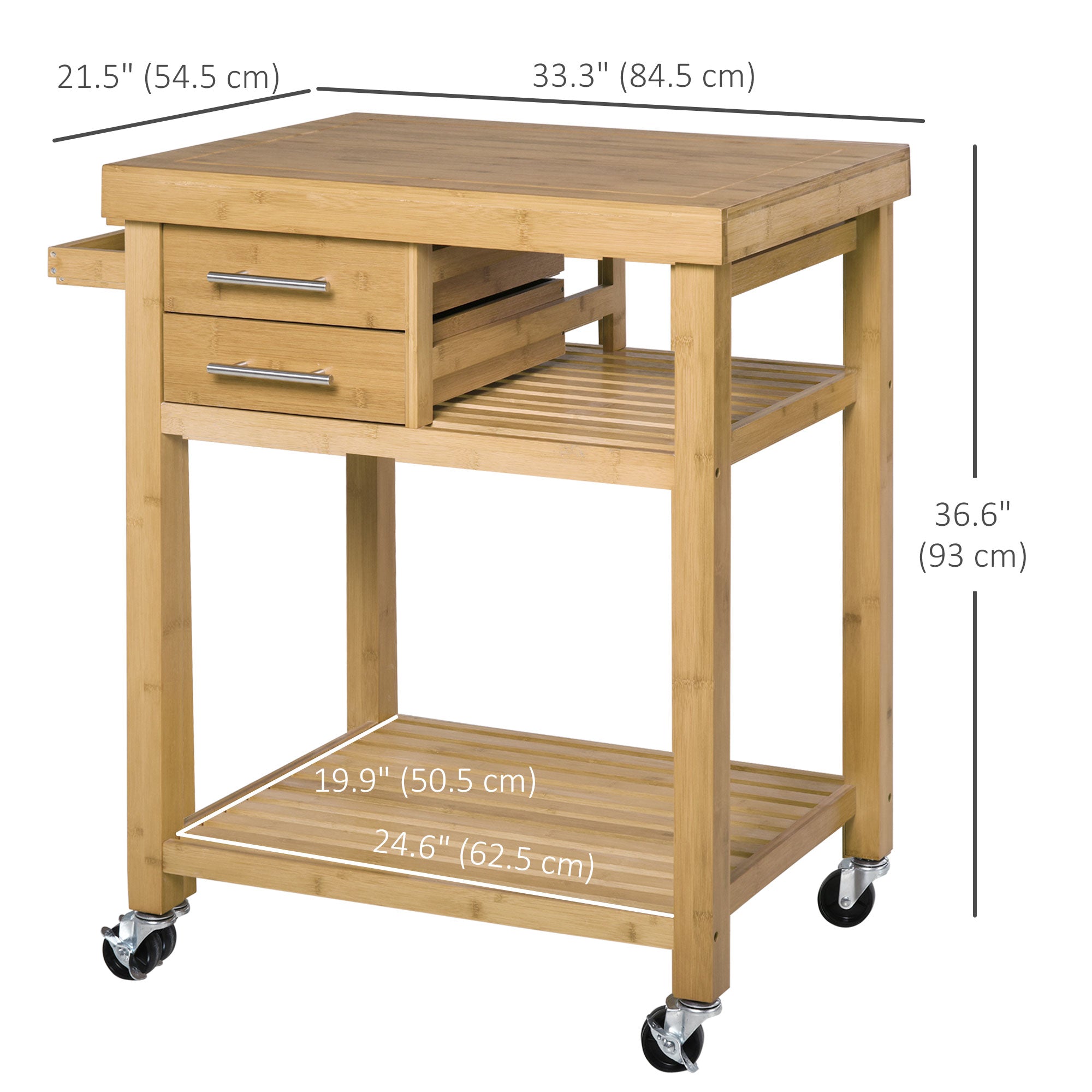 HOMCOM Bamboo Bounty: Kitchen Island Trolley Rolling Utility Cart with Wheels, Drawers, Shelves for Living Room