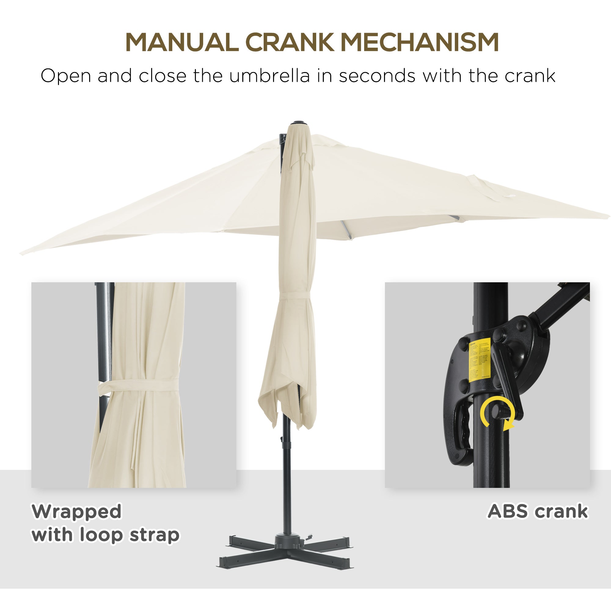 Outsunny Square Patio Hanging Offset Umbrella 8' x 8' Aluminum Cantilever Crank Market Parasol 360° Rotation Cross Base Cream White