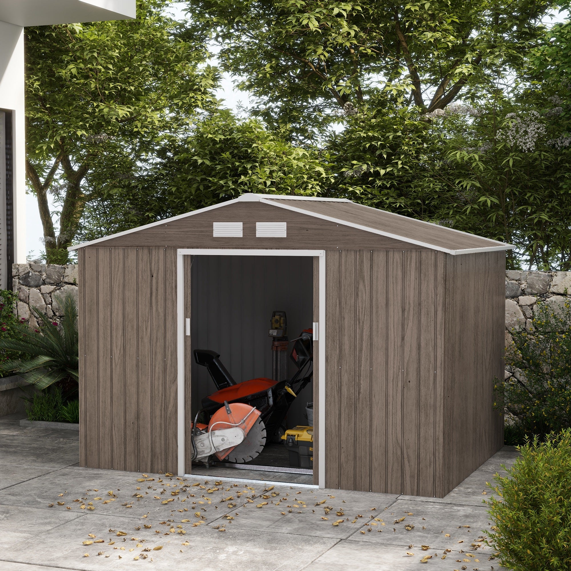 Outsunny 9.1'x6.4'x6.3' Garden Storage Shed w/ Floor Foundation Metal Tool Storage House w/ Double Doors Distressed Light Brown