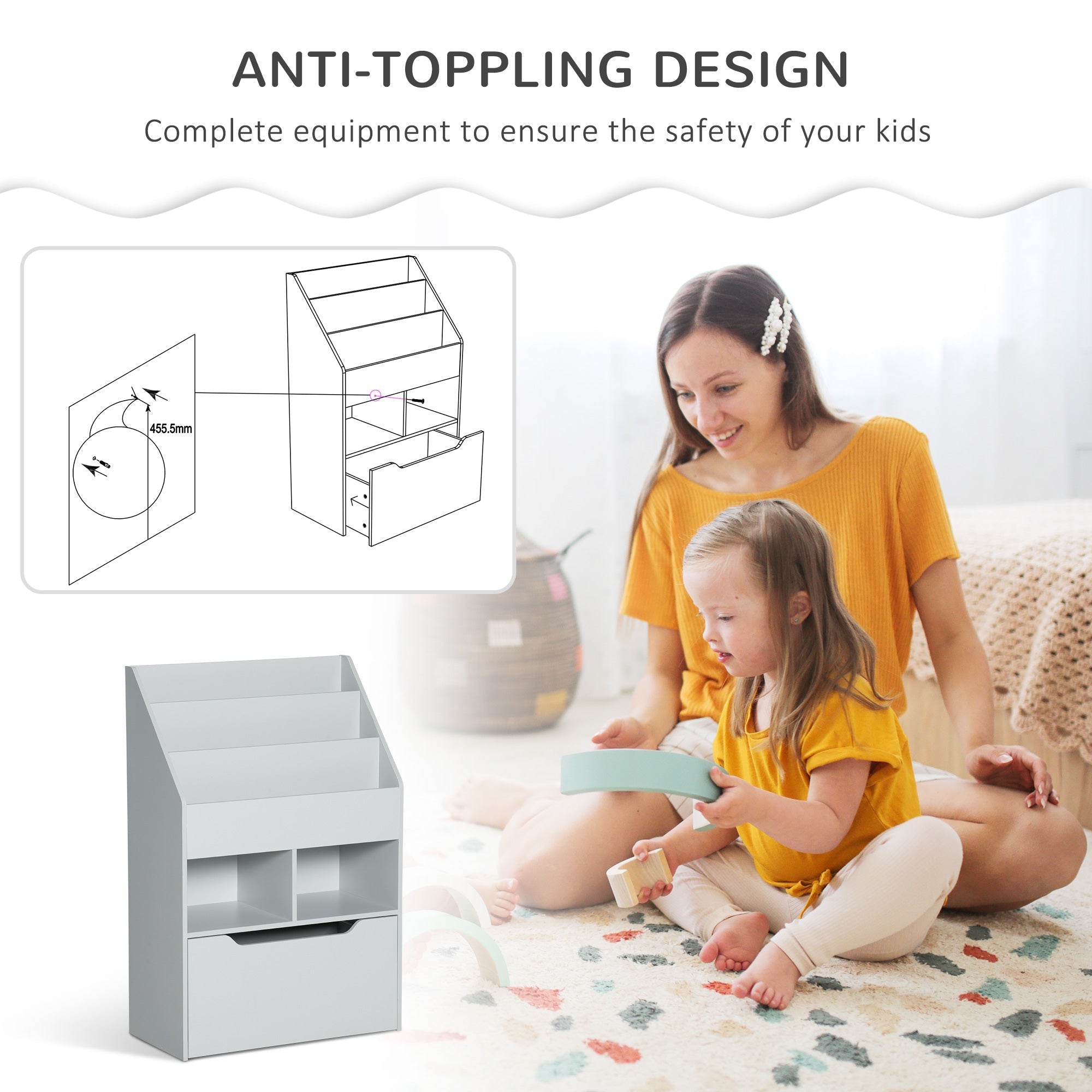 HOMCOM Kids Bookcase Multi Shelf Rack Organizer Storage Drawer Reading Nook Classroom Bedroom Playroom Grey