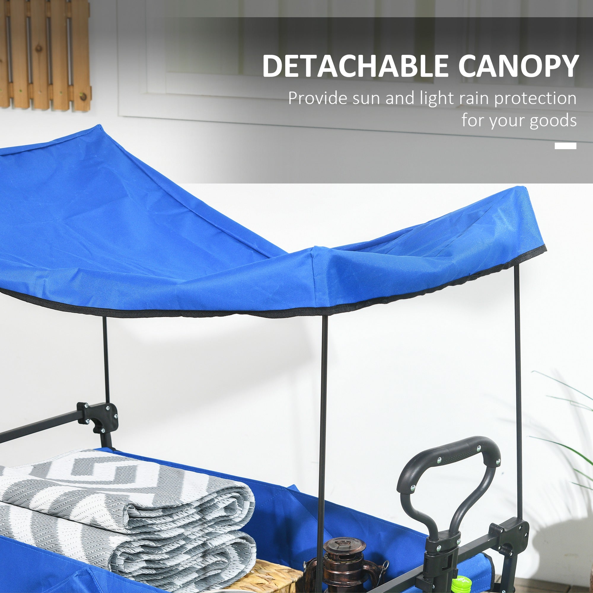 Outsunny Steel Frame Folding Garden Cart, Collapsible Wagon Cart with Removable Canopy, Telescopic Handle and Carrying Bag, Dark Blue
