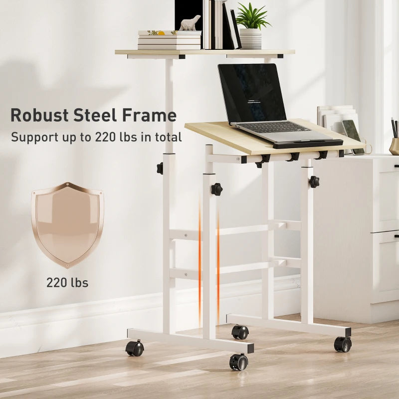 Stand Up Desk, Height & Angle Adjustable Computer Desk with Wheels for Standing or Sitting, Laptop Table, Natural