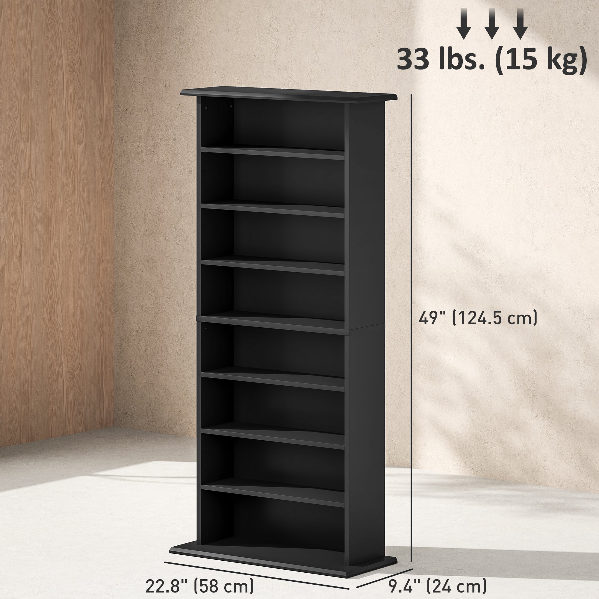 HOMCOM 8-Tier DVD Shelf with 6 Adjustable Shelves, Double CD Shelf, Holds 360 CDs, 185 DVDs or 185 Blu-rays, Black