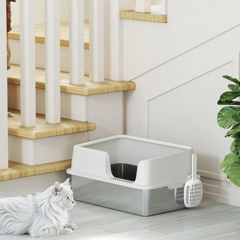 Stainless Steel Cat Litter Box with Lid with Scoop, High Sided, Non-Stick, & Anti-Urine Leakage, Easy Cleaning