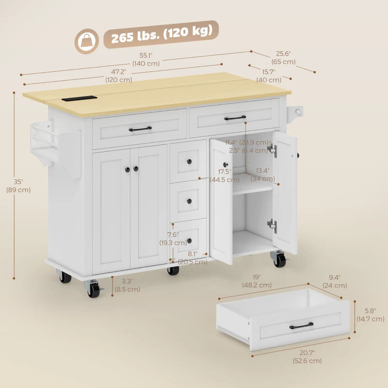 Kitchen Island Cart with Power Outlet & Drop Leaf, 55" Rolling Kitchen Island on Wheels with Storage, White