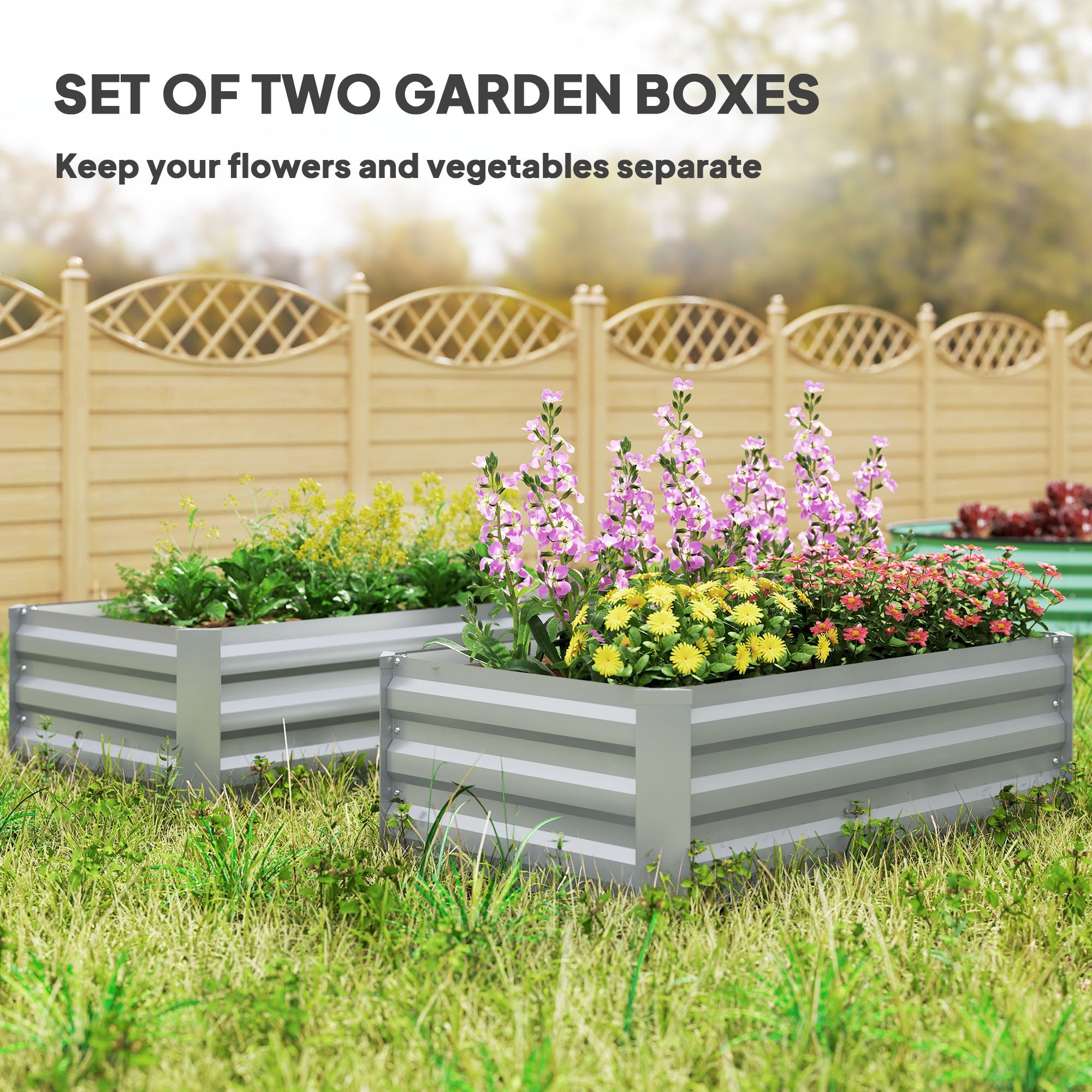 Outsunny Set of 2 Galvanized Raised Beds for Garden, Outdoor Planter Box for Flowers, Herbs and Vegetables, Light Grey