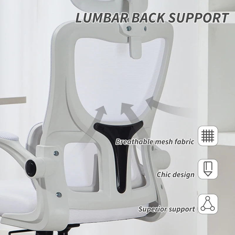 High Back Office Chair, Mesh Computer Chair with Rotatable Headrest, Lumbar Back Support, Adjustable Height, Cream White