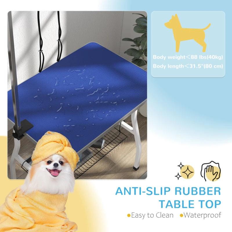 Dog Grooming Table w/ Adjustable Arm, Mesh Tray, Two Nooses, Rubber Surface, 35" x 24" x 61", Blue
