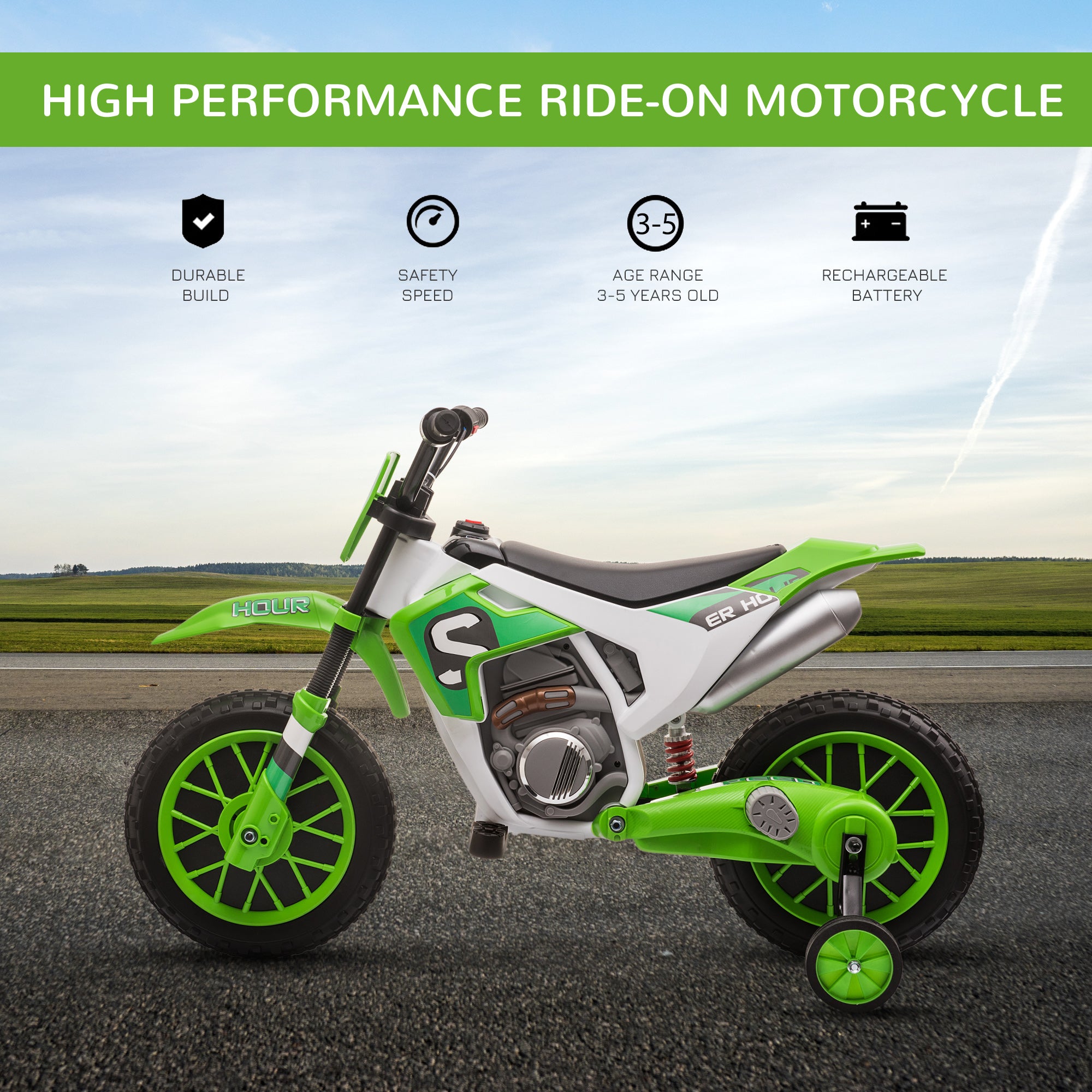 Aosom Kids Dirt Bike Battery-Powered Ride-On Electric Motorcycle with Charging 12V Battery, Training Wheels Green