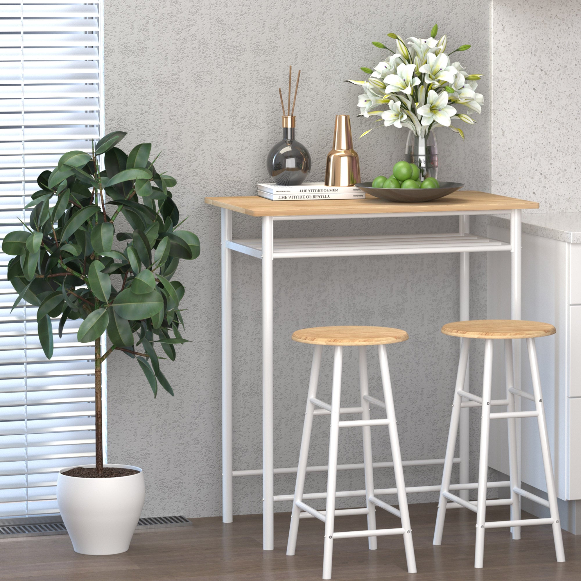 HOMCOM Counter Height Dining Set 3 Piece White Oak with Storage Shelf Metal Frame Footrest 1 Table 2 Stools for Kitchen