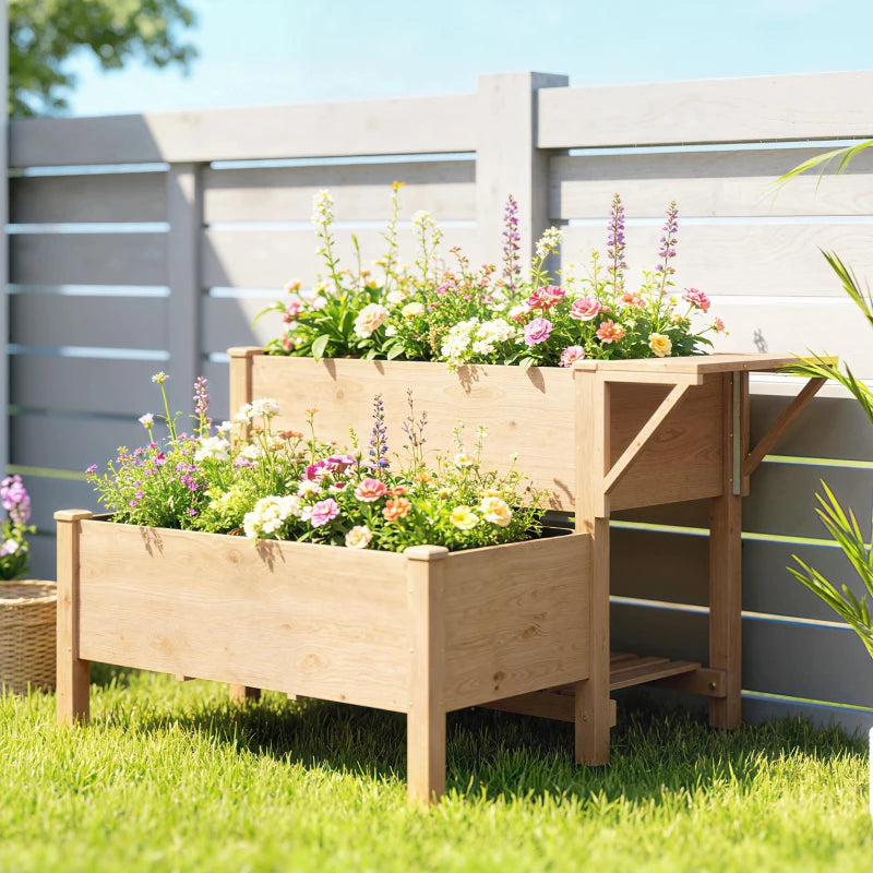 Wooden Raised Garden Bed, 2-Tier Raised Planter with Storage Shelf, Side Board, Drainage Holes and Liner