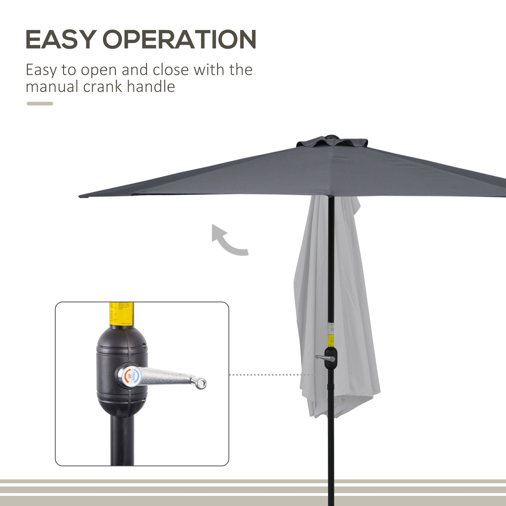 Outsunny Patio Parasol: 9.8ft Semi Round Garden Balcony Crank Handle Grey