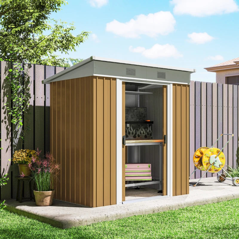 6' x 4' Outdoor Storage Shed, Metal Garden Shed with Lockable Sliding Doors and Vents, Yellow