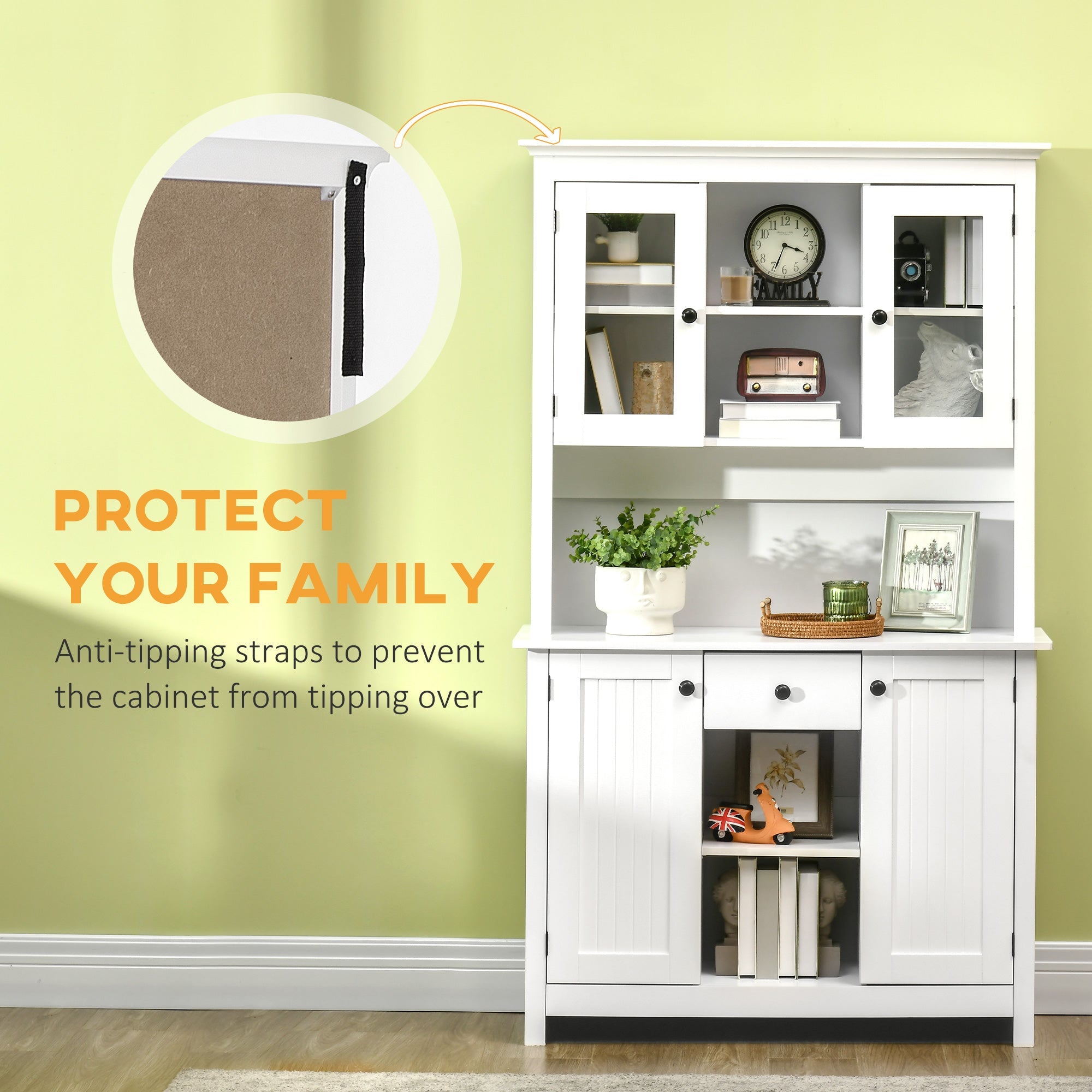 HOMCOM Farmhouse Flair: Freestanding Kitchen Pantry Buffet with Hutch, Microwave Stand, Storage Drawer, Beadboard Panel in White