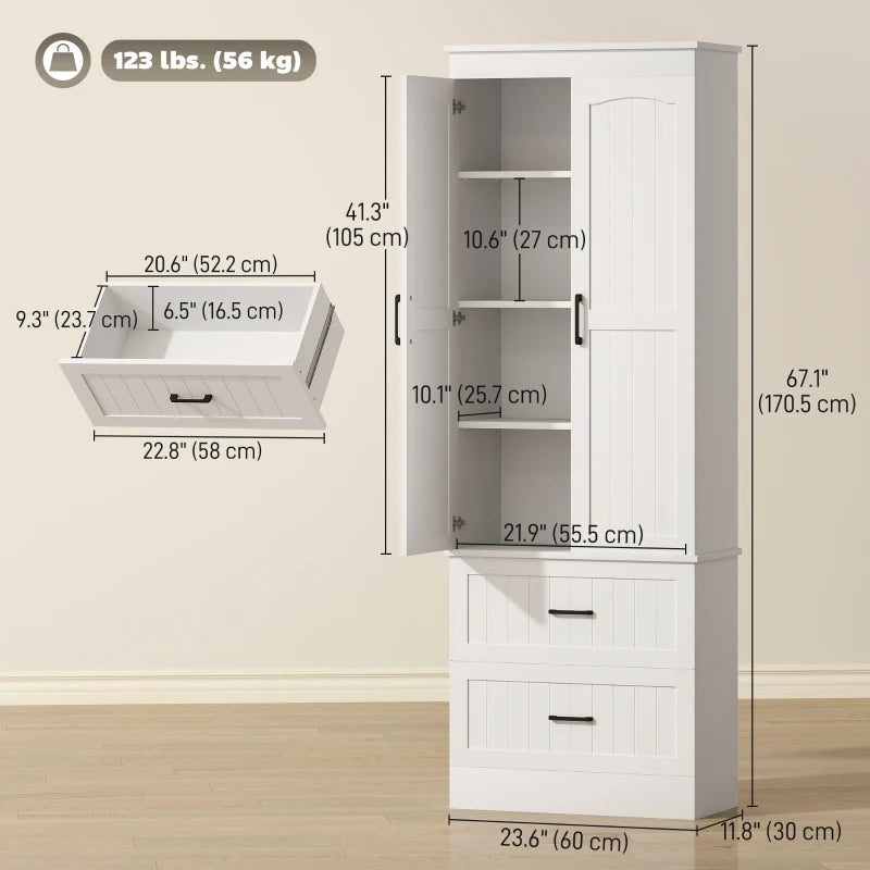 Tall Pantry Cabinet, 67" Kitchen Storage Cabinet with Adjustable Shelves and 2 Drawers for Kitchen, Dining Room, White