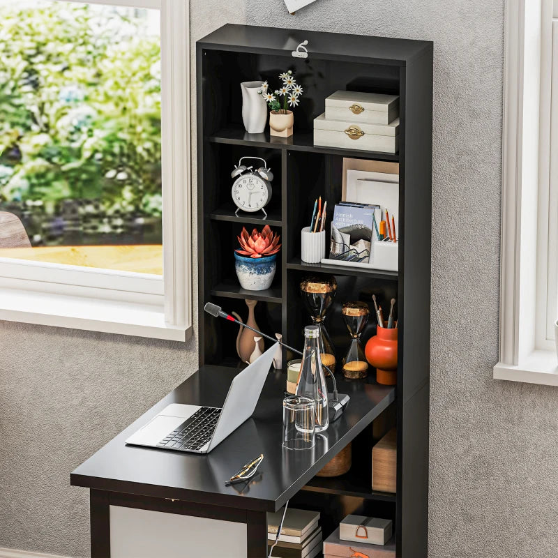 Fold-out Convertible Office Desk, Wall Mount Computer Desk with Whiteboard and Side Shelf, Black