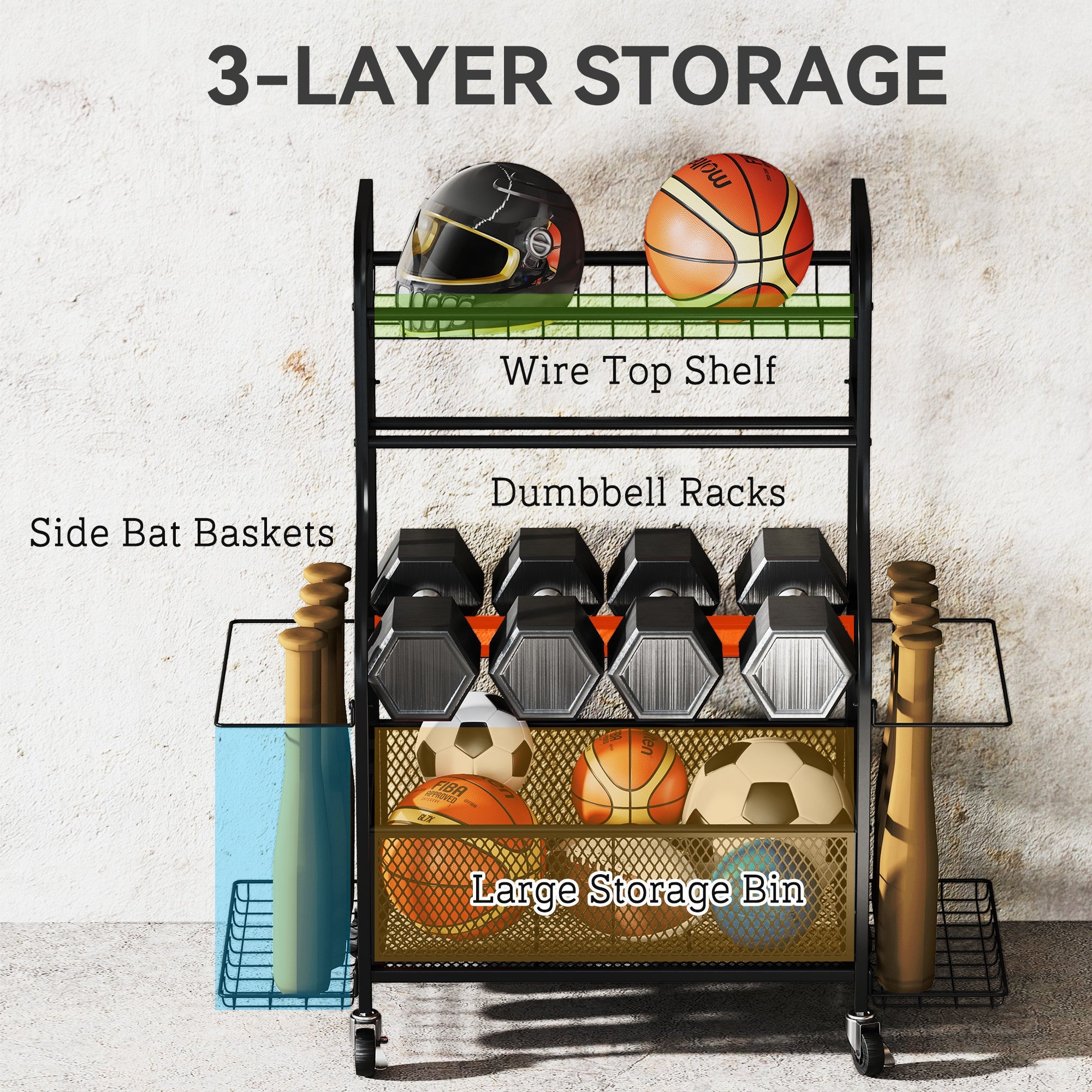 Soozier Garage Sports Equipment Organizer, Rolling Home Gym Storage Rack with Wheels, Dumbbell Rack and Ball Storage Holder
