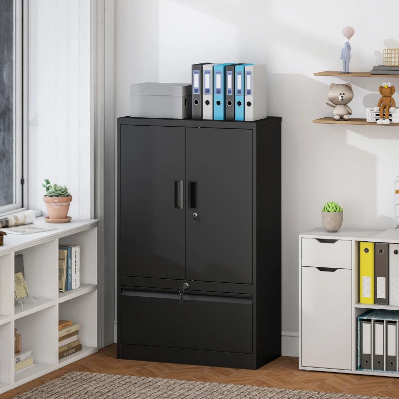 Lateral Filing Cabinet, Metal Storage Cabinet, Garage Cabinet with Double Locks, Adjustable Shelf and File Drawer, Black