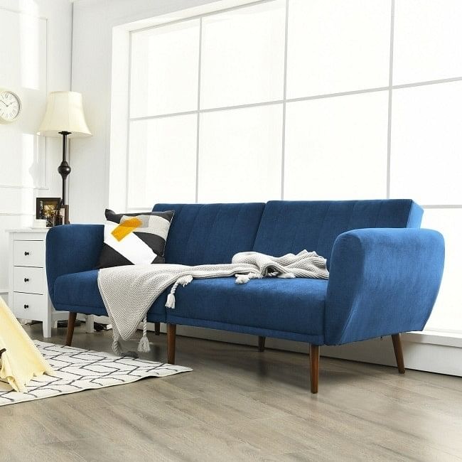 Modern Scandinavian Blue Linen Upholstered Sofa Bed with Wooden Legs - Free Shipping