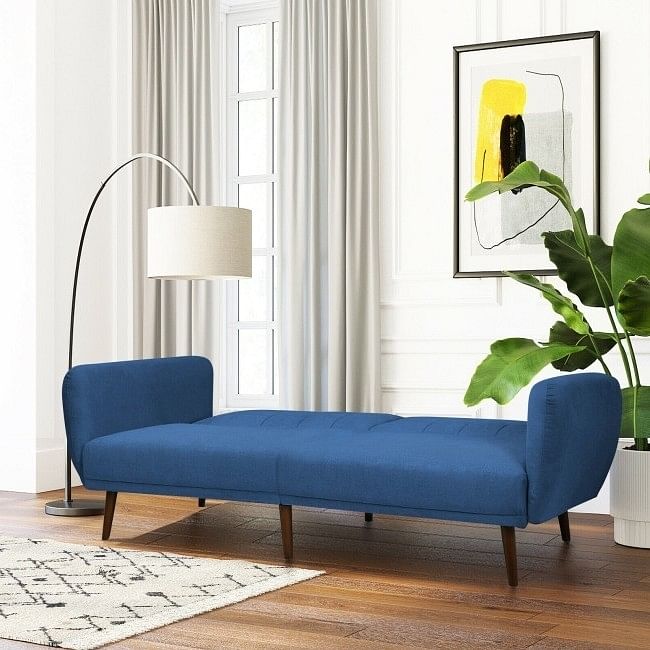 Modern Scandinavian Blue Linen Upholstered Sofa Bed with Wooden Legs - Free Shipping