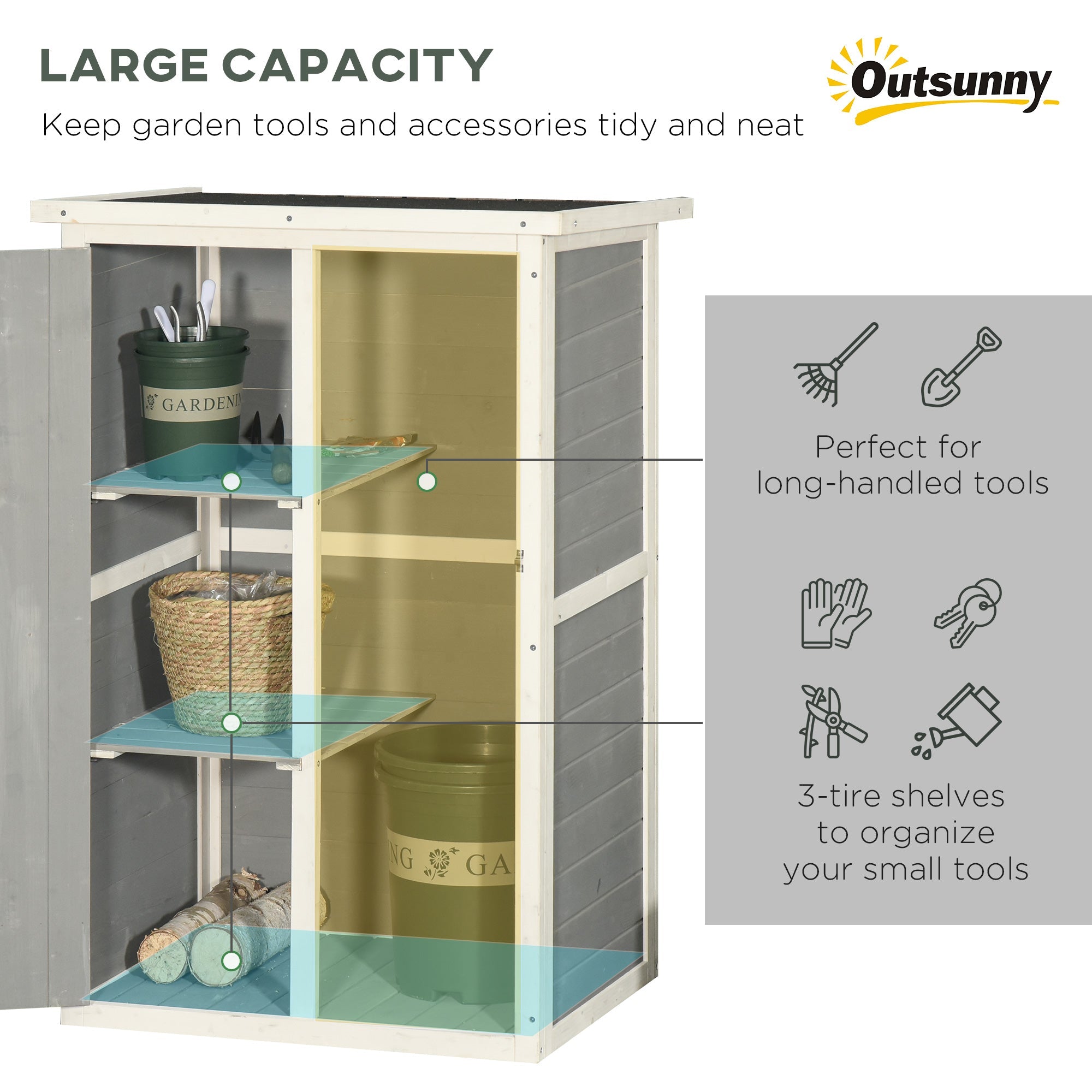 Outsunny Garden Storage Shed 29.9"x21.7"x45.3" with Asphalt Roof, Outdoor Cabinet with Shelves for Tools - Grey