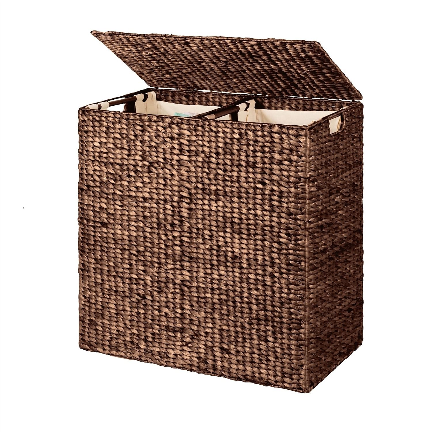 Espresso 2-Bin Handwoven Hyacinth Linen Liner Laundry Hamper w/ Handles - Free Shipping