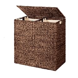 Espresso 2-Bin Handwoven Hyacinth Linen Liner Laundry Hamper w/ Handles - Free Shipping