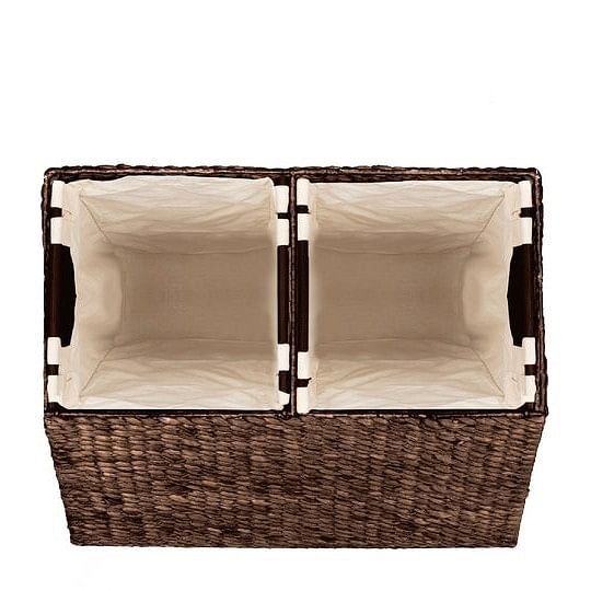 Espresso 2-Bin Handwoven Hyacinth Linen Liner Laundry Hamper w/ Handles - Free Shipping