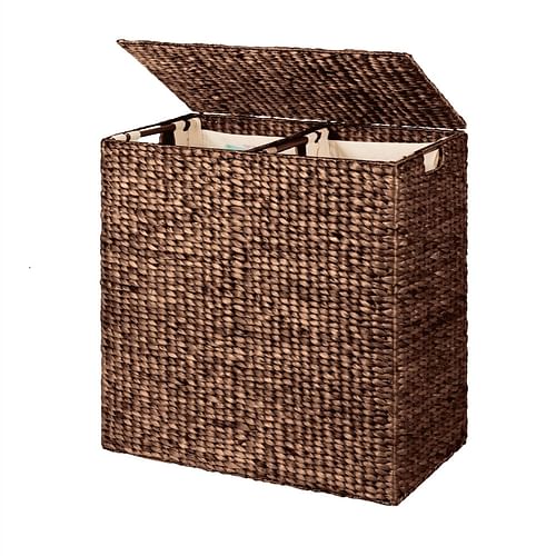 Espresso 2-Bin Handwoven Hyacinth Linen Liner Laundry Hamper w/ Handles - Free Shipping
