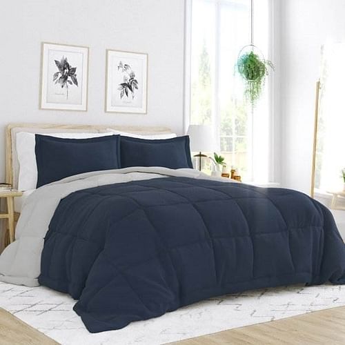 Full/Queen 3-Piece Microfiber Reversible Comforter Set in Navy Blue and Grey - Free Shipping
