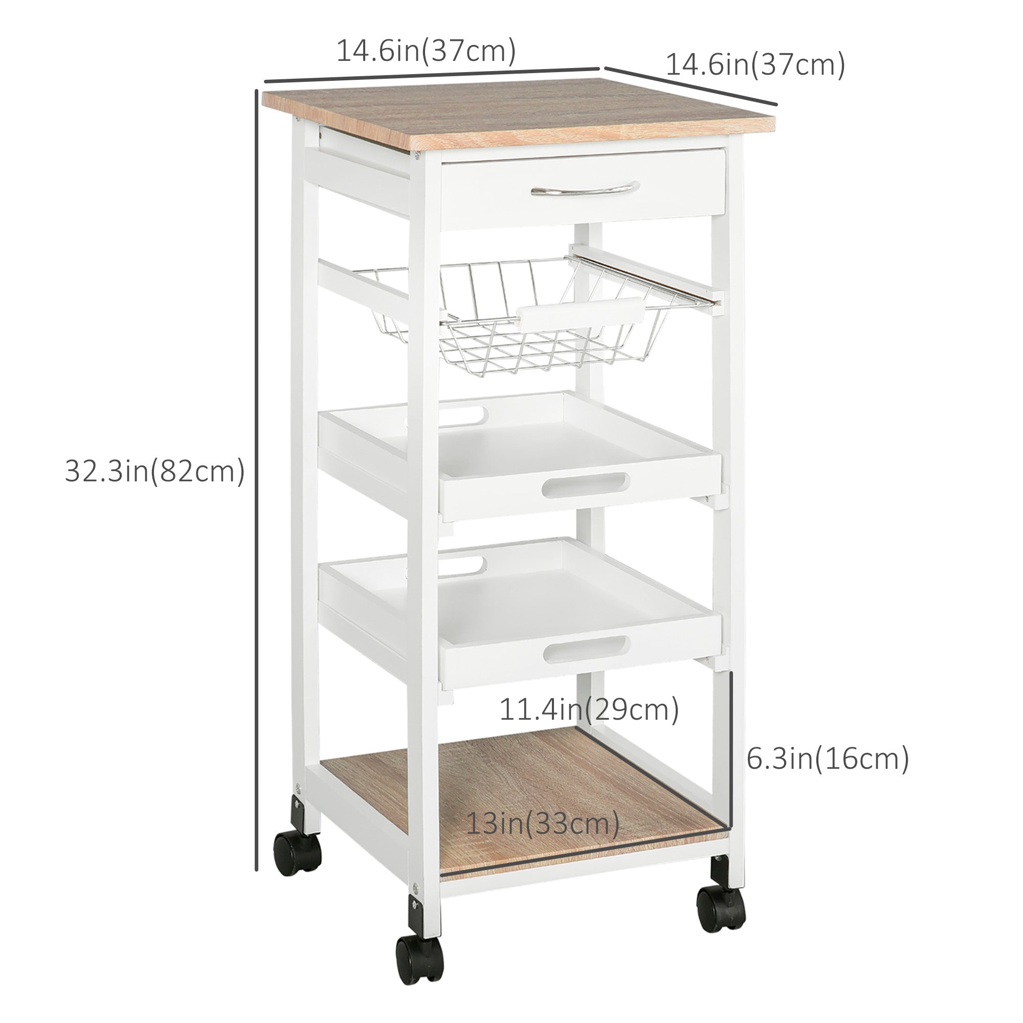 HOMCOM White Rolling Kitchen Cart: Mobile Utility Island with Storage Drawer, Wire Basket & Tray Versatility