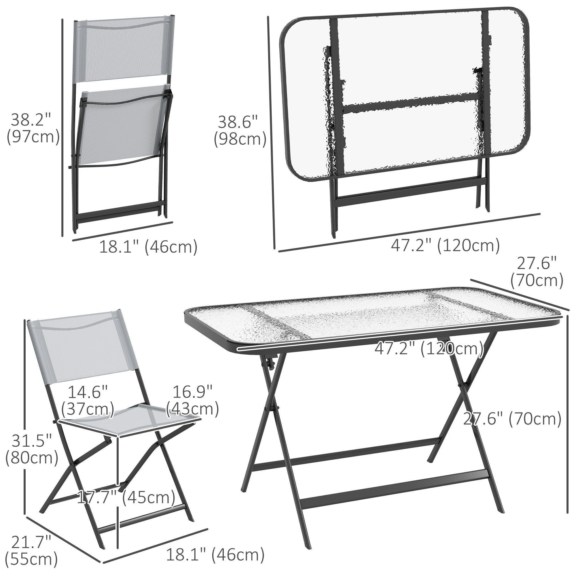 Outsunny Patio Dining Set 5 Pieces Foldable Table and Chairs Glass Top Rectangle Table Stackable Chairs Grey