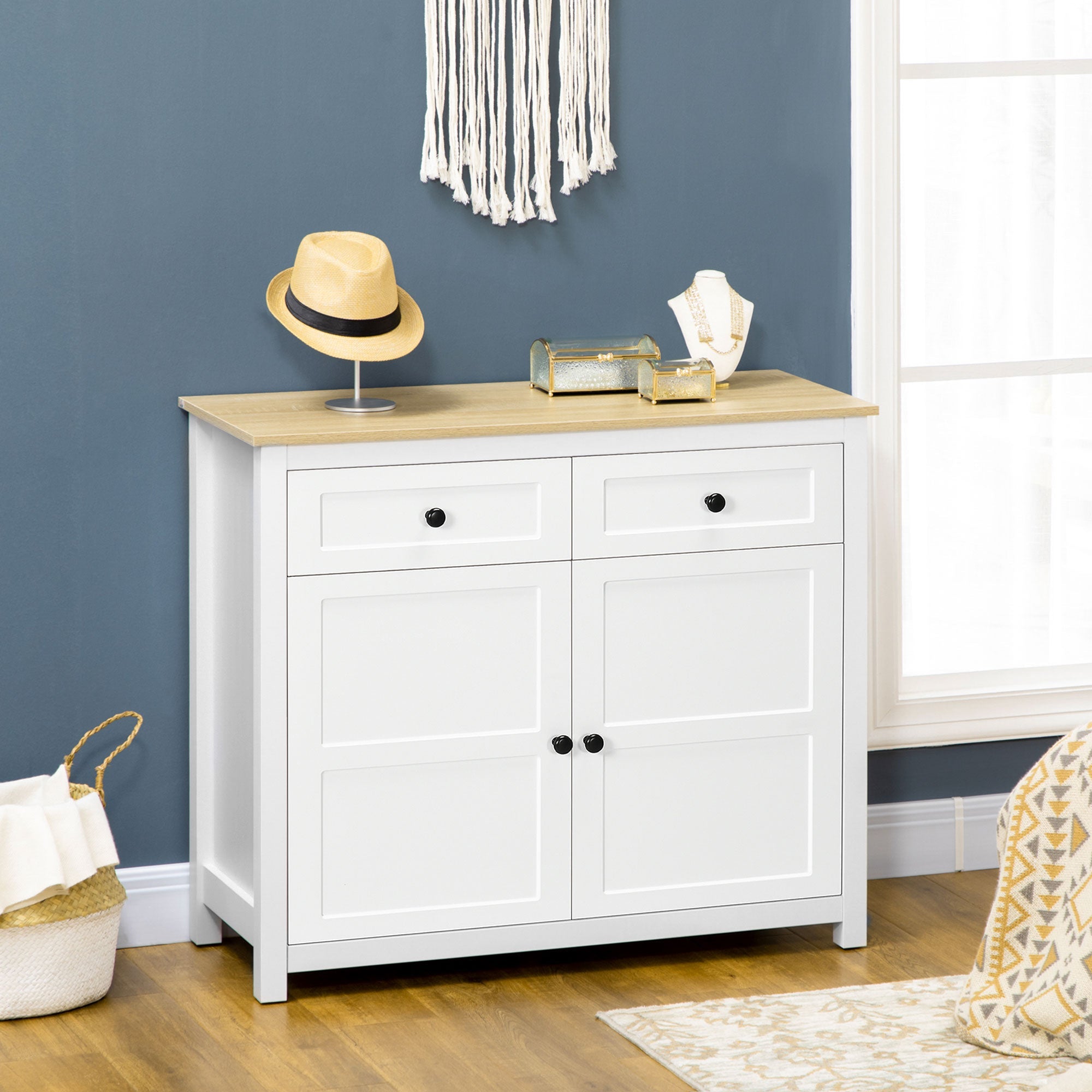 HOMCOM Contemporary Organizer: Sideboard Kitchen Storage Cabinet with Drawers, Adjustable Shelf for Entryway, Living Room, White